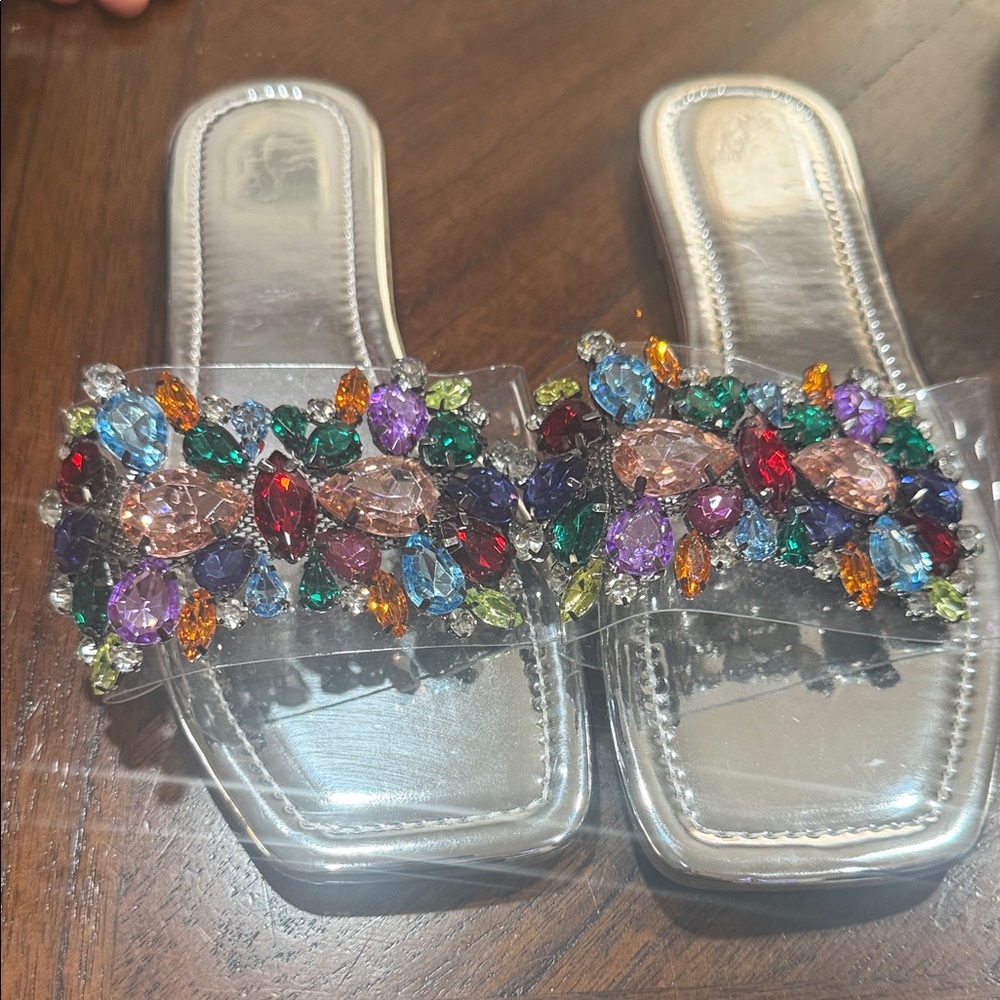 Crystal Embellished Silver Slide Sandals